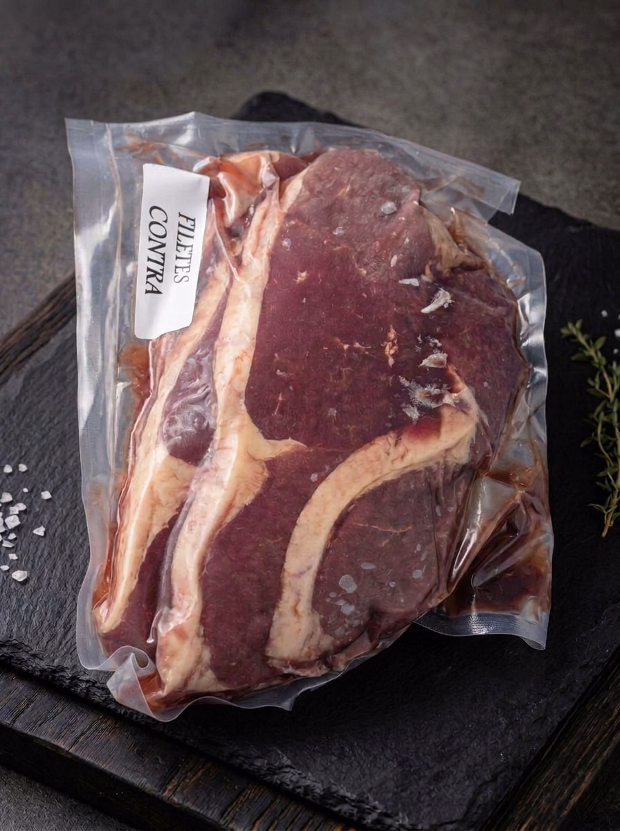 Filetes de contra de buey envasados al vacío, con su etiqueta