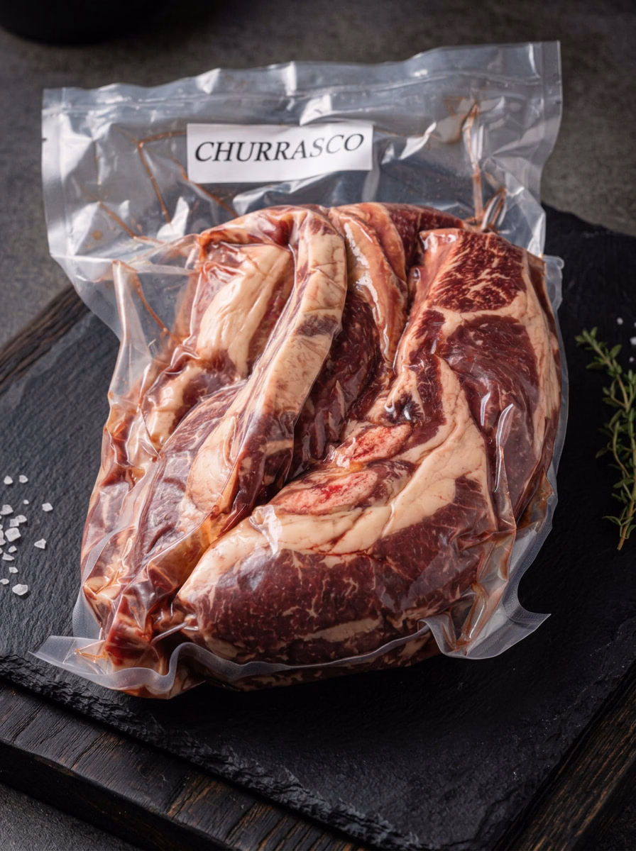 Churrasco de buey envasado al vacío, con el veteado a la vista